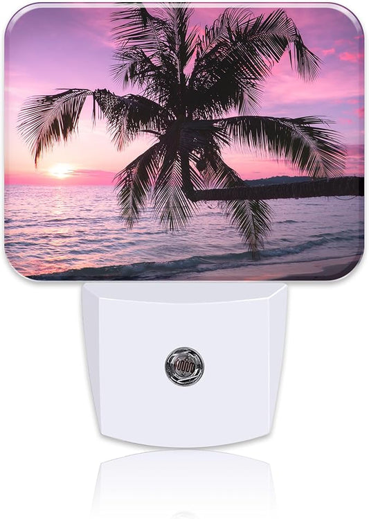 Beautiful Purple Pink Sunset Night Light Tropical Palm Tree Nightlight Plug into Wall with Dusk to Dawn Sensor for Kid Girls Boys Women Men Room, Hallway, Kitchen, Bathroom, Stairs Decor