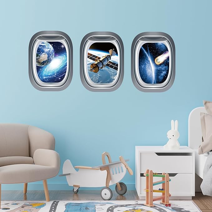 Glow in The Dark 3D Space Wall Decals, Set of 3 Galaxy Window Stickers for Wall, Space Themed Room Decor for Kids Boys (Blue)