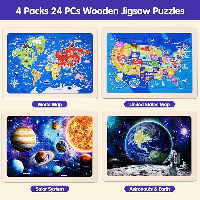 Jigsaw Puzzles Wooden Puzzles for Kids Ages 3-5 Preschool Educational Toddlers Toys United States Puzzle Space Universe World USA Map Earth Exploration Gifts for 3 4 5 6 Year Old Boys Girls 4 Packs