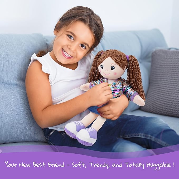 June Garden 14" Snuggle Cutie Sophie Glam - Soft Cuddly Plush Doll Gift for Girls - Huggable Rag Doll - Trendy Outfit M