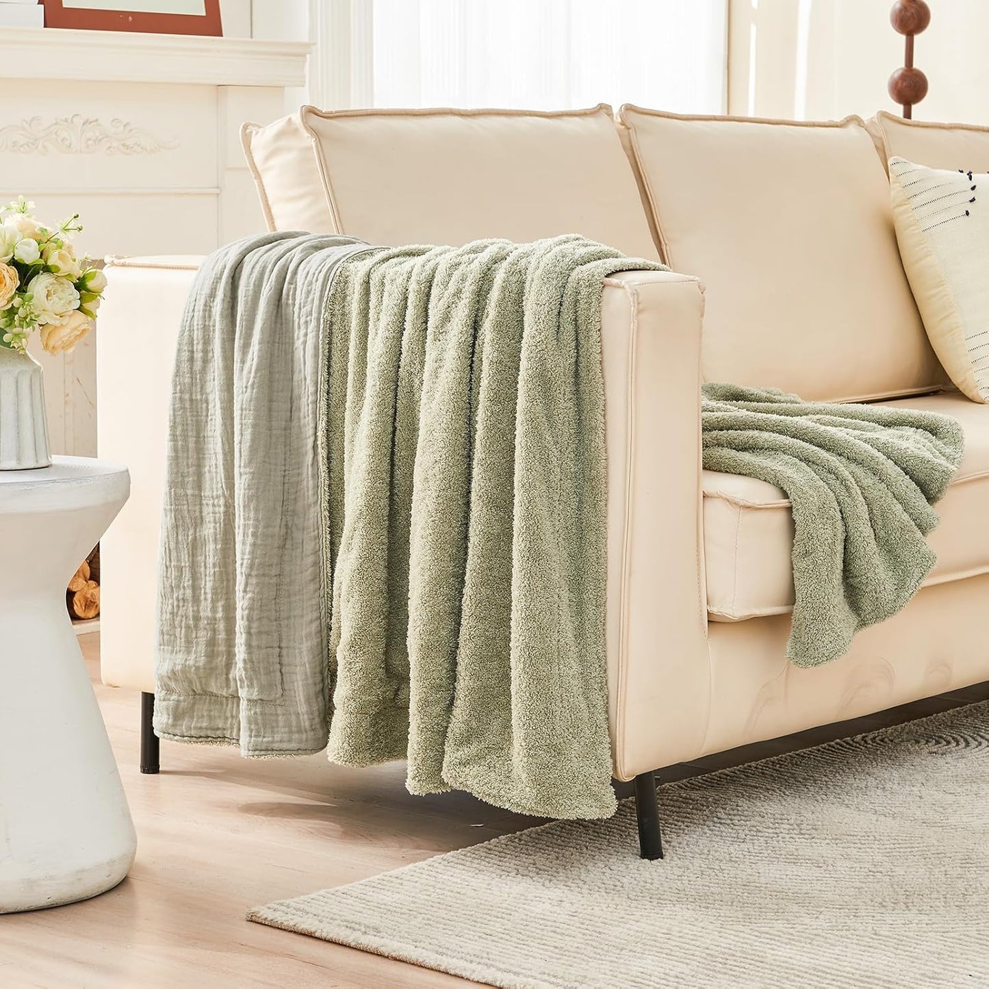 EMME Muslin and Fleece Queen Blanket Reversible - 80"*90" Sage Green Soft Warm Throw Blankets for Couch Bed Picnic Travel Bed