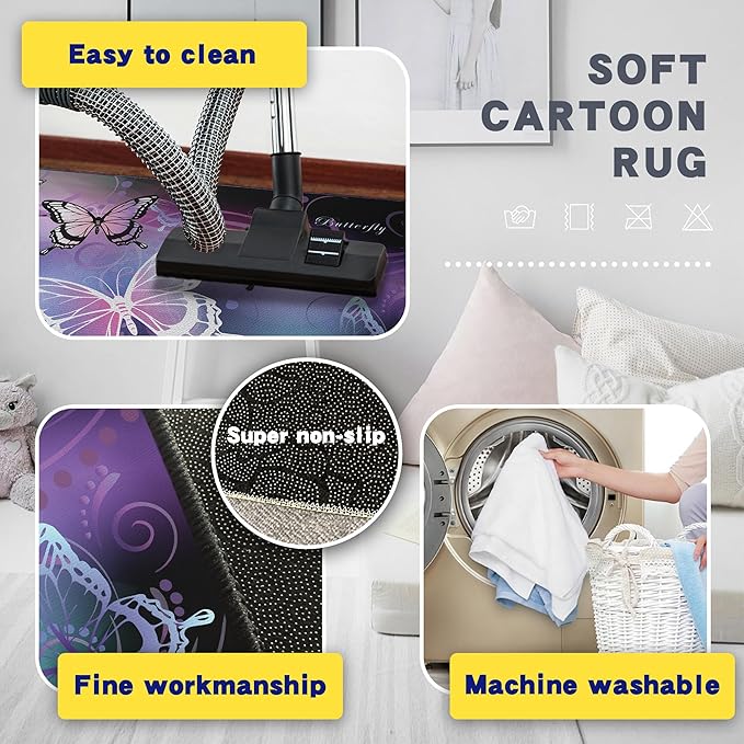 Beautiful Butterfly Fantasy Rug for Playroom Girls Bedroom Colorful Rainbow Butterfly Decor Area Carpet 3x4 Purple Mat 3D Printed Non-Slip Washable