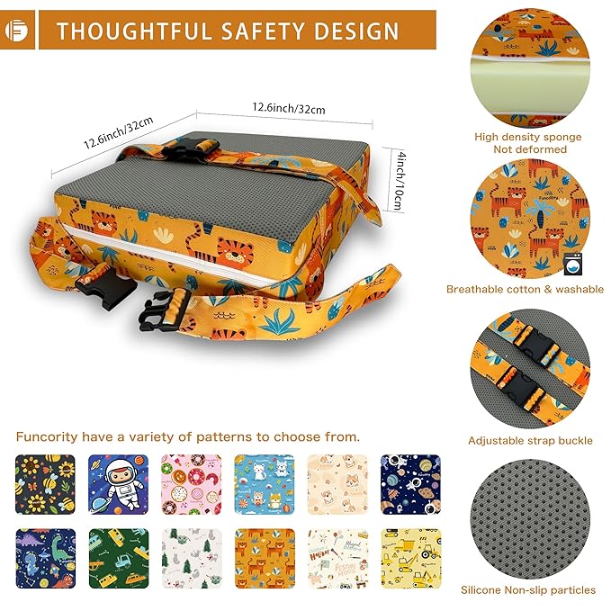 Toddler Booster Seat for Dining Table, Portable Booster Seat for Kitchen Chair, 4 Inch High-Density Foam Cushion with Adjustable Safety Straps and Non-Slip Bottom, Perfect for Kids Travel and Daily