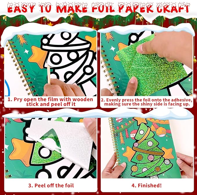 JULEASEL Christmas Foil Paper Arts and Crafts Kits, DIY Xmas Arts and Crafts for Kids, No Mess Foil and Coloring Books, Creative Christmas Gifts for Boys Girls Ages 4+, Kids Travel Essentials Toy