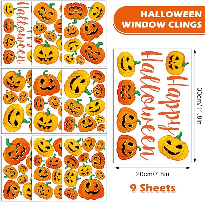 AnyDesign 9 Sheet Halloween Pumpkin Window Clings Funny Pumpkin Expressions Double-Sided Window Stickers Decorative Window Decals Reusable for Halloween Home School Office Accessories Party Supplies