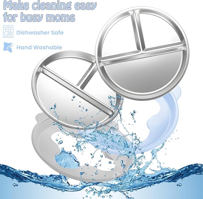 Stainless Steel Kids Plate with Suction Set of 2, 9″ Toddler Divided Plates with Removable Non Slip Silicone Sleeves, Stackable Non-Toxic Baby Self Feeding Dishes, Baby Blue & Light Gray