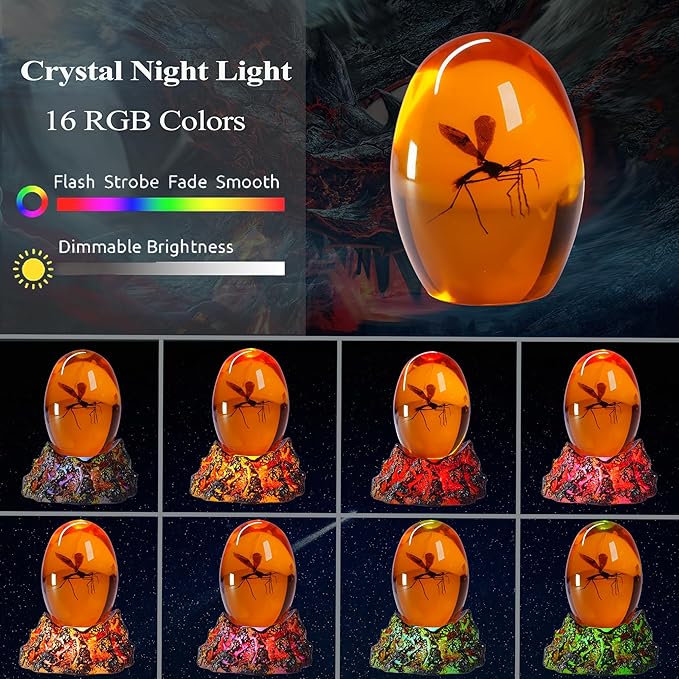 Jurassic 3D Mosquito in Amber Resin, Mosquito Resin with Volcanic Lava Lamp Base with Remote 16 Colors Flshing RGB Dimmmable, True 3D 3.3 Inches Tall Dinosaur DNA Replica Paper Weight Gifts