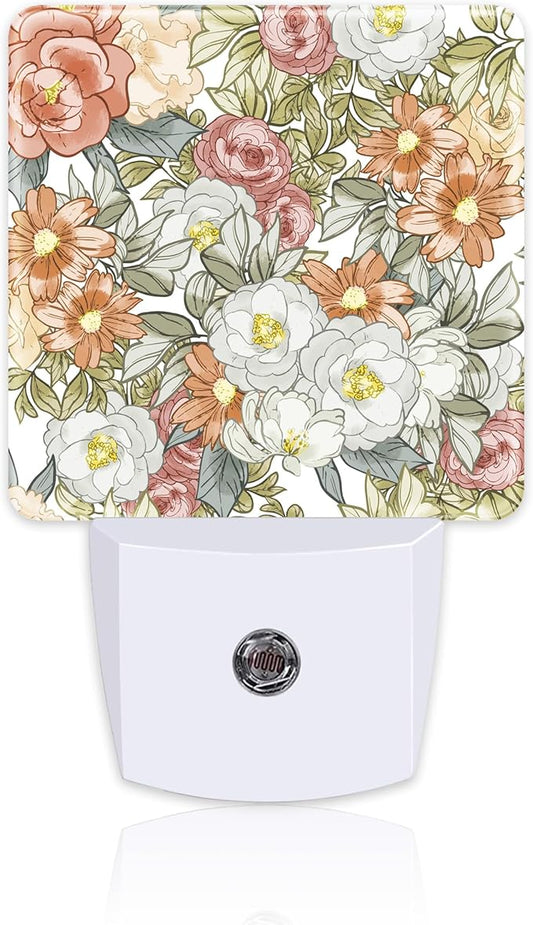 Watercolor Flowers and Herbs Night Light Plug into Wall,Abstract Botanical Plants Leaves Floral Dusk to Dawn Night Light Plug in,0.5w Energy Saving NightLight for Kids Boys Girls Home Decor