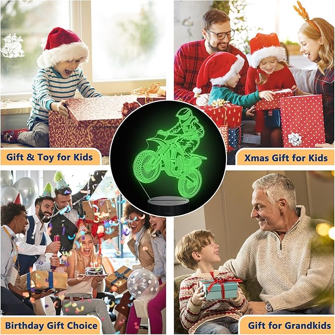 Dirt Bike Gifts for Boy, 3D Illusion Lamp, 3D Dirt Bike Night Light with 16 Colors Remote and Touch Control, Motor Bike Decor for Kids Room, Girls Birthday Gifts