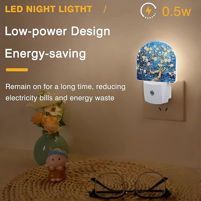 Night Lights Plug into Wall Almond Tree in Blossom Night Light Dusk to Dawn Smart Sensor Decorative Round Led Lamp for Bedroom Kitchen Hallway Nightlight for Women Men