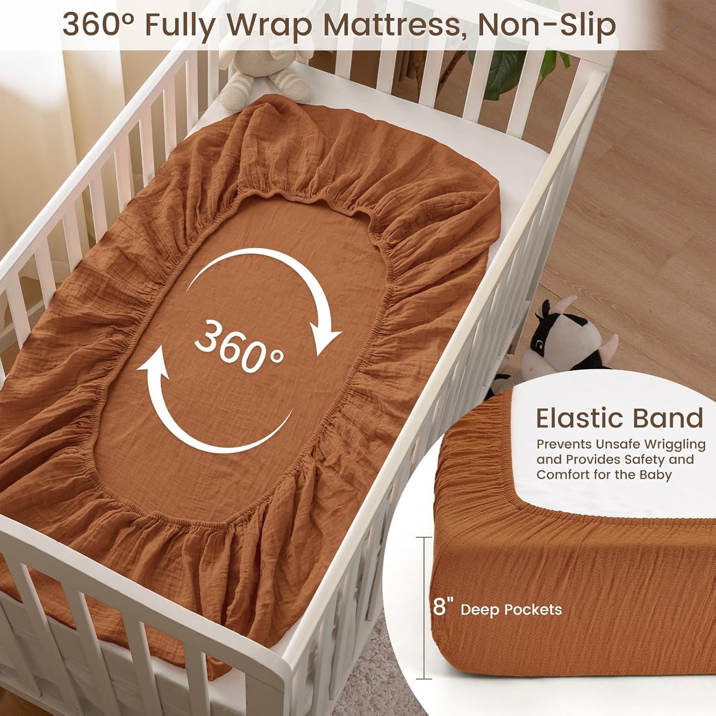 david's kids Muslin Crib Sheets for Boys Girls, 2 Pack 100% Cotton Soft Breathable Fitted Baby Sheet Set, 28x52 Inch Fits Standard Crib and Toddler Mattresses, Brown & Grey