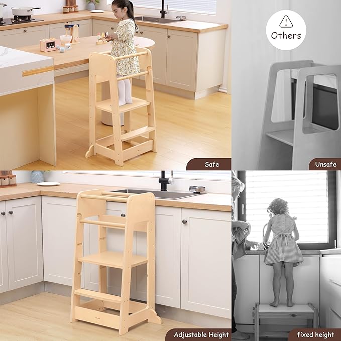 Standing Tower for Toddlers- Adjustable Height with 360° Safety Rail, Kids Step Stool with Safety Rail, Wooden Step Stool, Age 18 Months-6years