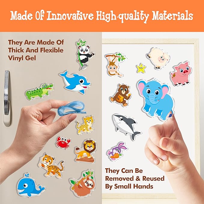 32PCS Animal Jelly Stickers, Farm/Marine/Wild Animals Thick Window Clings for Home, Classroom, Nursery, Removable Reusable Gel Cling Decals for Kids Toddlers Party Supplies Decorations (Not Edible)