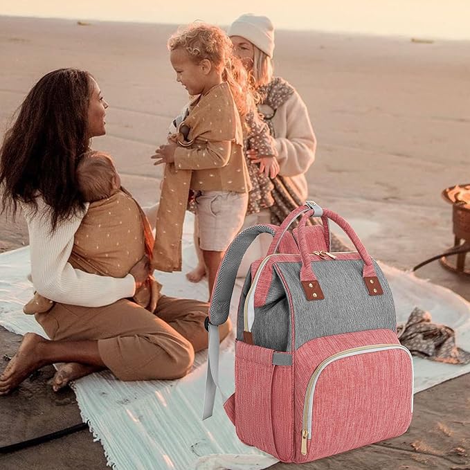 Diaper Bag Backpack Multi-Function Baby Bag With Large Capacity and Insulated Pockets Diaper Backpack Organizer Bag for Mom/Dad, Pink+Gray