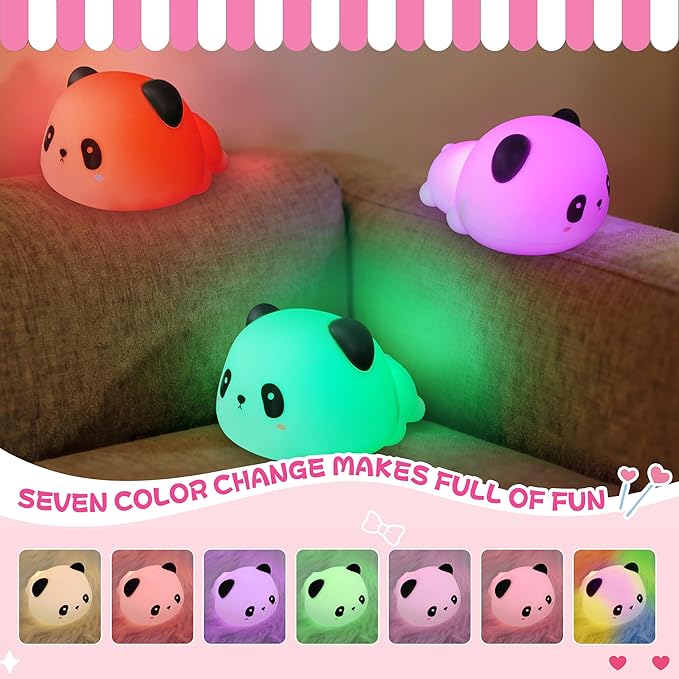 Night Light for Kids, Rechargeable Dimmable Silicone LED Nightlight with 7 Colors, Baby Nursery Night Lamp, Touch Squishy Lamp, Cute Gifts for Girls, Boys, Toddler Room Decor, Lying Panda