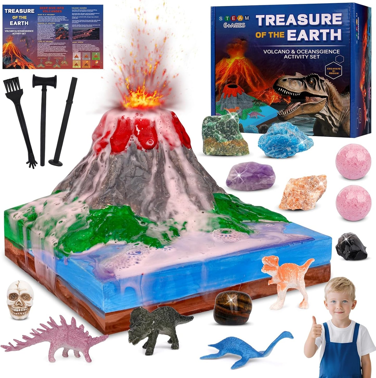 Volcano Science Kit - 6 Rocks Gemstone Excavation Kit, Dinosaur Fossil Digging Kit for Kids，Erupting Volcano Toy Rock Collections STEM Toys Gift for Boys & Girls