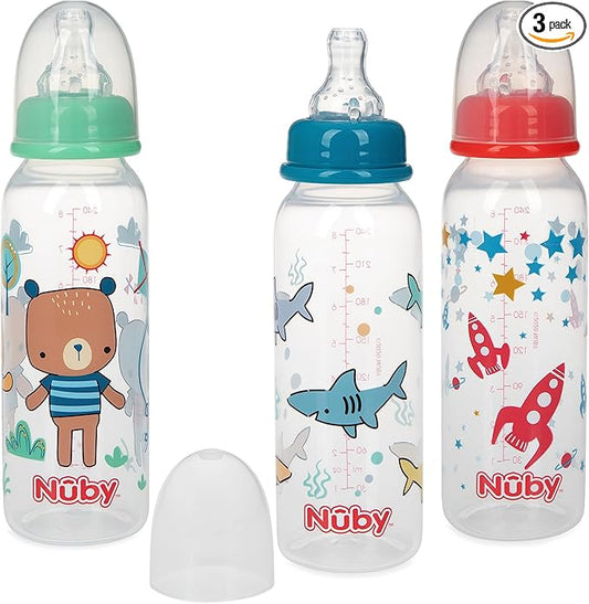 Nuby Printed Non-Drip 8oz Bottle, 3 Pack - Blue, Red, Green