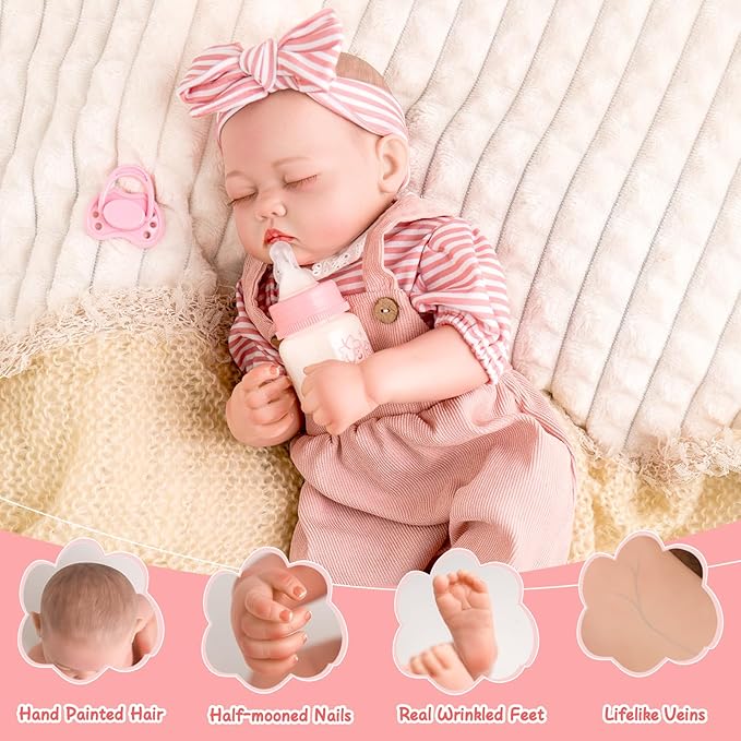 Jirachi Lifelike Reborn Baby Dolls Girl, 18-inch Full Vinyl Body Sleeping Newborn Real Baby Doll Adorable Pink Realistic Baby Dolls with Feeding Kit Gift for Kids Age 3+