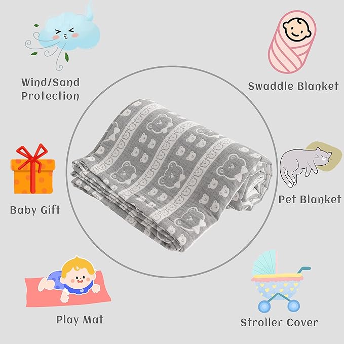NTBAY 3 Layer Oversized Muslin Cotton Toddler Blanket, Jacquard Reversible Nursery Bed Blanket, Super Soft and Thermal for All Seasons, Baby Gift, 45"x60", Dark Grey Bear