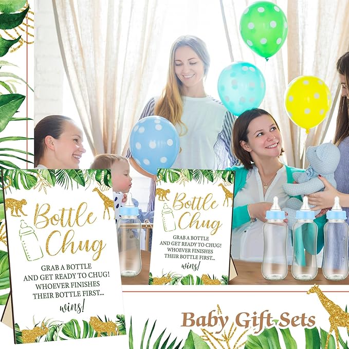 TrelaCo Safari Cool Baby Shower Games Bottle Chug Sign Wooden Jungle Animals Theme Gift Sets Gender Reveal Party Favors and 12 Pcs Baby Bottle Shower Favor for Games Gender Reveal