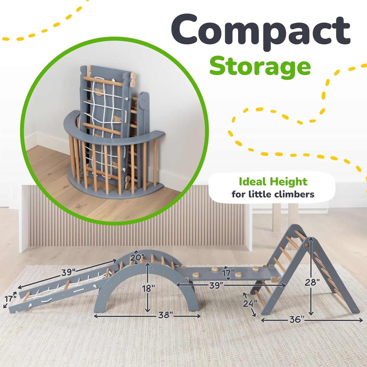 6-in-1 Pikler Triangle Climbing Set - Climbing Toys for Toddlers - Montessori Climbing Set - Indoor Wooden Play Gym for 2-6-Year-Olds - Light Gray