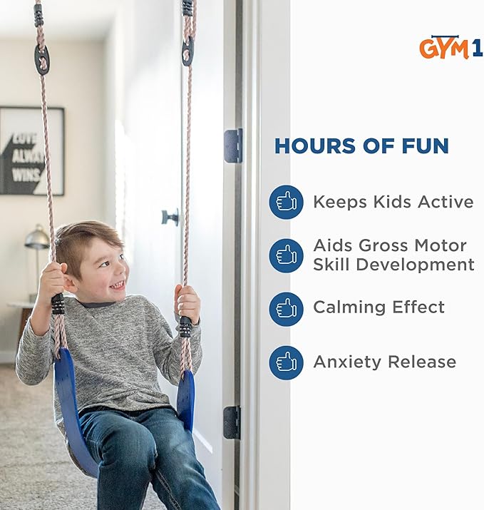Gym1 Indoor Doorway Gym for Kids & Adults - 4-Piece, Blue - Swing Set with Sensory Swing, Pull Up Bar & Grip Rings, Agility Ladder - 300 lb Capacity