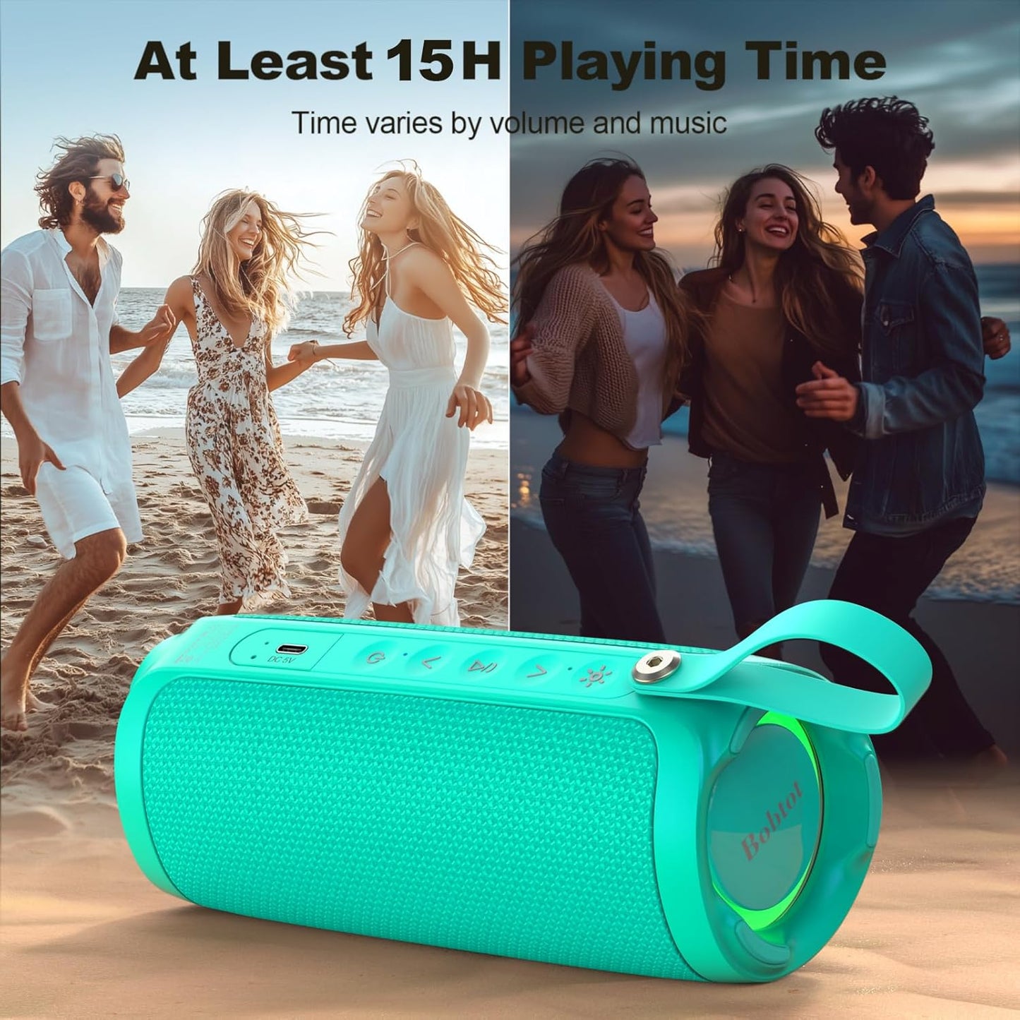 Bobtot Portable Bluetooth Speaker, IPX6 Waterproof Speaker with Punchy Bass, 15W Loud Sound, RGB, 15H Playtime, Dual Pairing for Party, Camping, Beach, Green