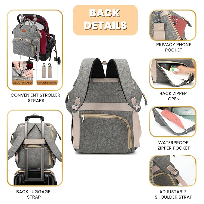 Baby Diaper Bag Backpack with Changing Pad, Pacifier Case, for Boy Girl Toddler - Large, Stylish, Waterproof Travel Quilted Diaper Bag for Mom - Baby Shower Gifts - Grey