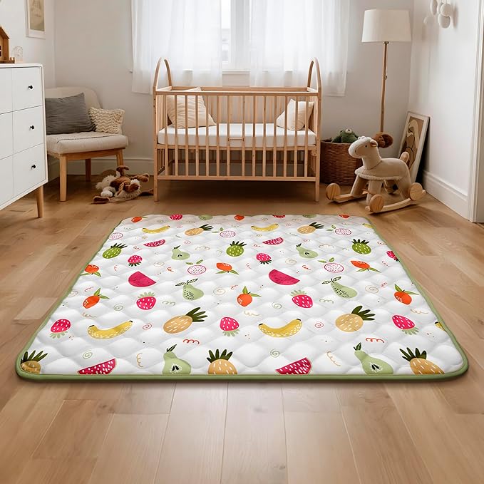 Baby Play Mat for Floor 50x50, Activity Mat, Thicken Soft Fabric Foam Play Mat for Baby, Washable Non-Slip Cushioned Crawling Mat for Babies, Infants, Toddlers（White Fruit