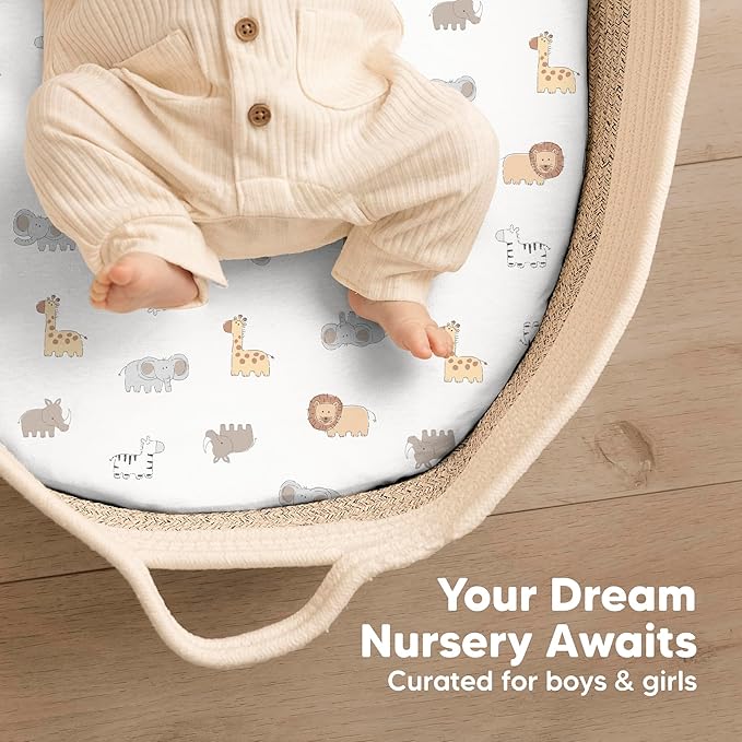 2-Pack Organic Bassinet Sheets for Girls, Boys - 100% Cotton Bassinet Mattress Sheets Compatible with Halo Bassinest Swivel Sleeper, Graco, Baby Delight, Chicco, Fitted Bassinet Sheets (KeaSafari)