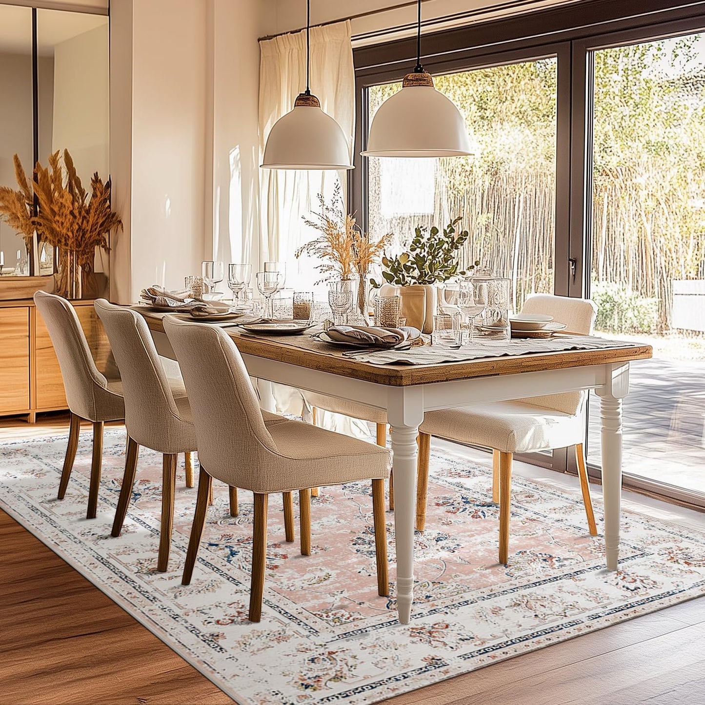 jinchan Washable Area Rug 5x7 Ultra-Thin Low Pile Non Slip Stain Resistant Soft Faux Wool Spring Floral Distressed Vintage Carpet for Bedroom,Living Room,Dining Room,Kitchen,Nursery(Pink, 5' x 7')