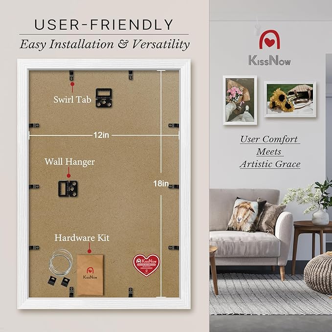 12x18 Poster Frame 2 Pack, Textured White Solid Wood Picture Frame, Wall Hanging