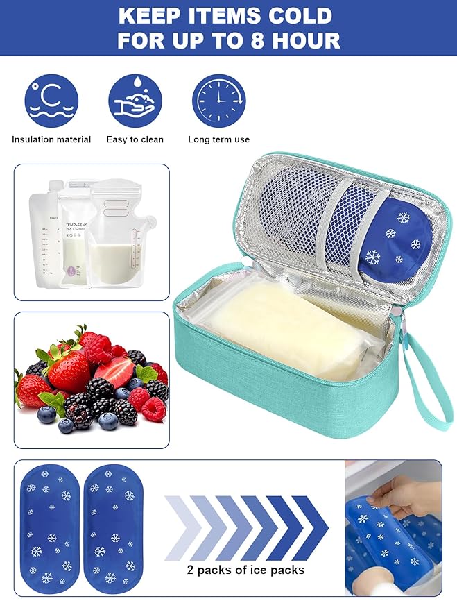 YOUSHARES Breastmilk Cooler Travel Bag with Digital Thermometer, Small Insulated Baby Milk Storage with 2 Ice Packs, Daycare and On-The-Go Moms （Light Green）