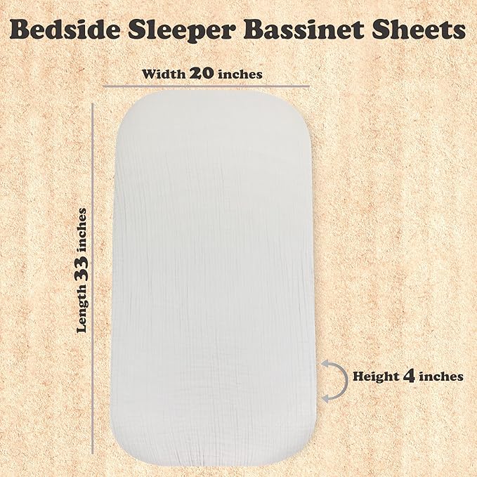 3 Pack Organic Muslin Bedside Bassinet Sheets Compatible with Mika Micky, Baby Delight, Dream On Me, AMKE and Other Bassinet Pads Size Between 17-21 in Width, 29-33 in Length, and 1.5-4 in Thick