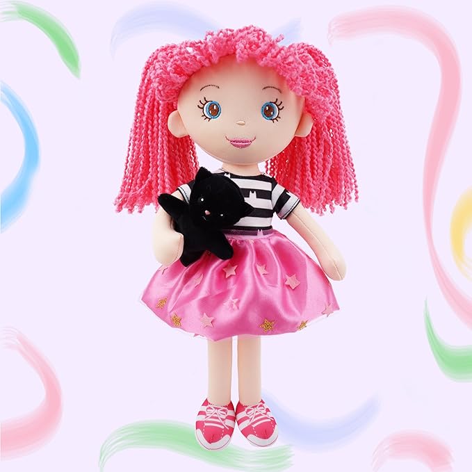 June Garden 15" Playmate Buddies - Plush Doll Ruby with Her Stuffed Animal Companion Kitty Midnight for Kids 1 Year and Up