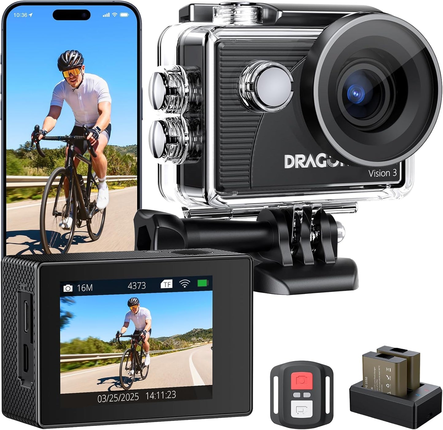 Dragon Touch 4K Action Camera 20MP Vision 3 Underwater Waterproof Camera 170° Wide Angle WiFi Sports Cam with Remote 2 Batteries and Mounting Accessories Kit