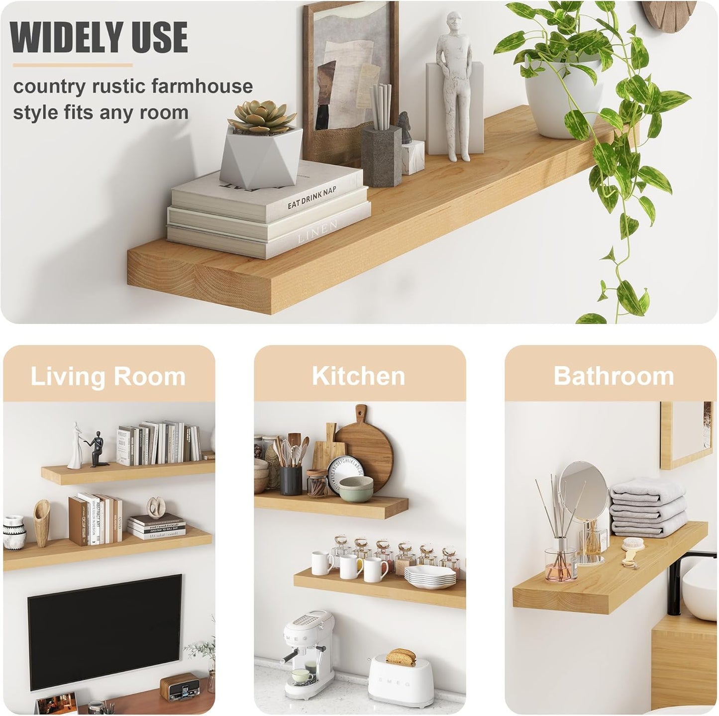 Floating Shelves for Wall, USA-Sourced Brich Wood 55 Inch Long Wall Shelves, Natural Wooden Mounted Picture Ledge Shelf, Nursery Book Storage Shelf Kids Bookshelf, Display Shelf for Bathroom