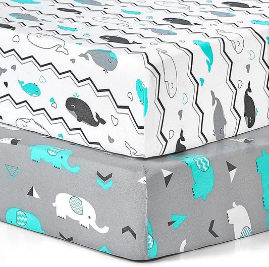 Pack n Play Sheets, BROLEX 2 Pack Mini Crib Sheets,Stretchy Portable Fitted Playard Sheet Set, Convertible Playard Mattress Cover,Ultra Soft Breathable Material,Elephant Whale
