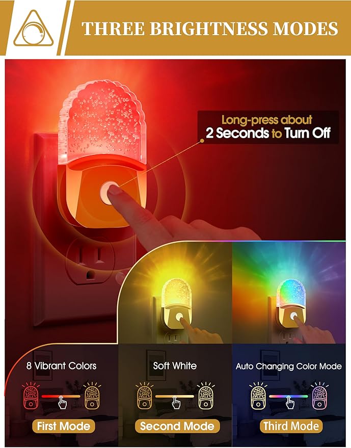 DORESshop 8-Color RGB LED Night Lights Plug Into Wall [2 Pack], Color Changing Night Light with Dusk to Dawn Sensor for Bathroom Decor, Children Room, Golden Cover