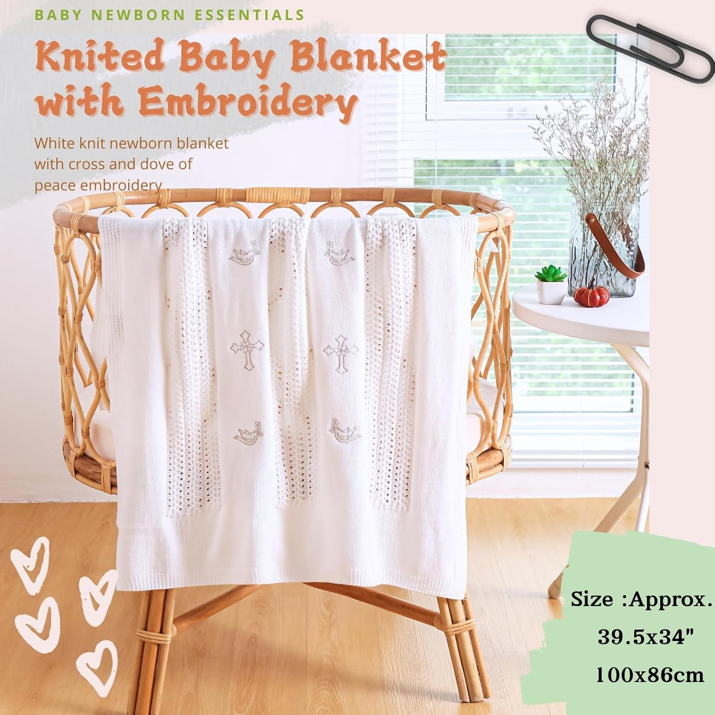 Booulfi Baby Blankets for Boys Girls Baby Receiving Blankets Silver Cross Dove of Peace Embroidery White Knitted Blanket Soft Crib Blanket Newborn Essentials Baptism Christening Gifts Size 39X34