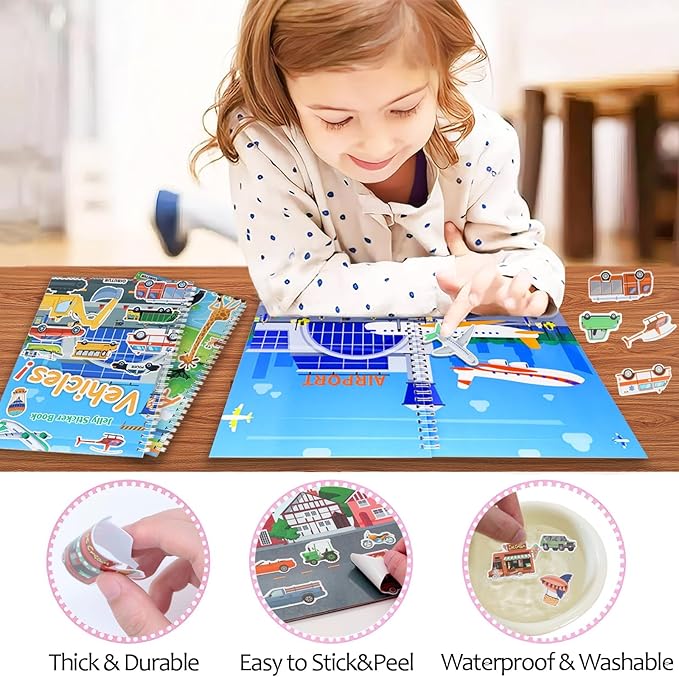 Jelly Sticker Books for Toddlers 2-4 Years, Reusable Sticker Book for Kids 1-3, Toddler Travel Essentials Vehicles Stickers for Kids Toddler Plane Activities (Vehicles)