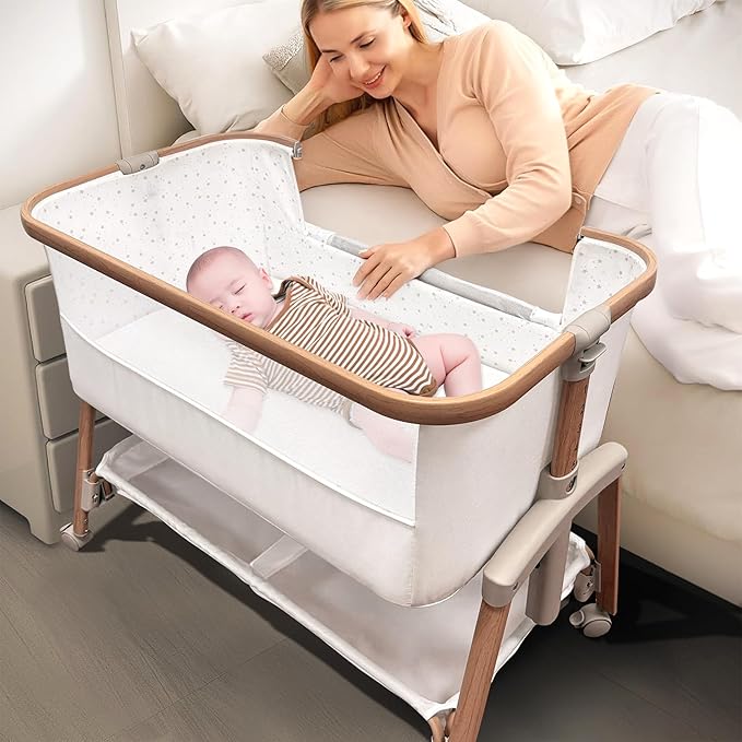 Baby Bassinet Bedside Sleeper, Portable Crib for Newborns, Adjustable 7-Height Auto-Lock, with Wheels, Soft Mattress & Breathable Mesh