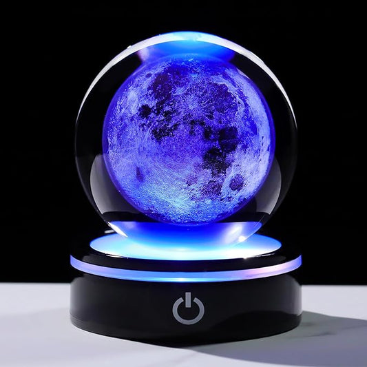 3D Moon Model Crystal Ball Led Lamp Base - Space Decor World Globe Planets Sphere Night Light 80mm 3.15 Inch - Solar System Decor Best Birthday Astronomy Gifts for Men Physics Science Teacher