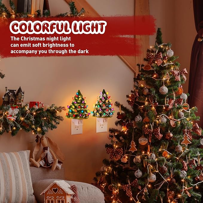 Tfro & Cile Ceramic Christmas Tree Night Light 2 Pack Xmas Decorative Tree Lamp Small Vintage Light Up Bathroom Decor with On/Off Switch for Home Bedroom