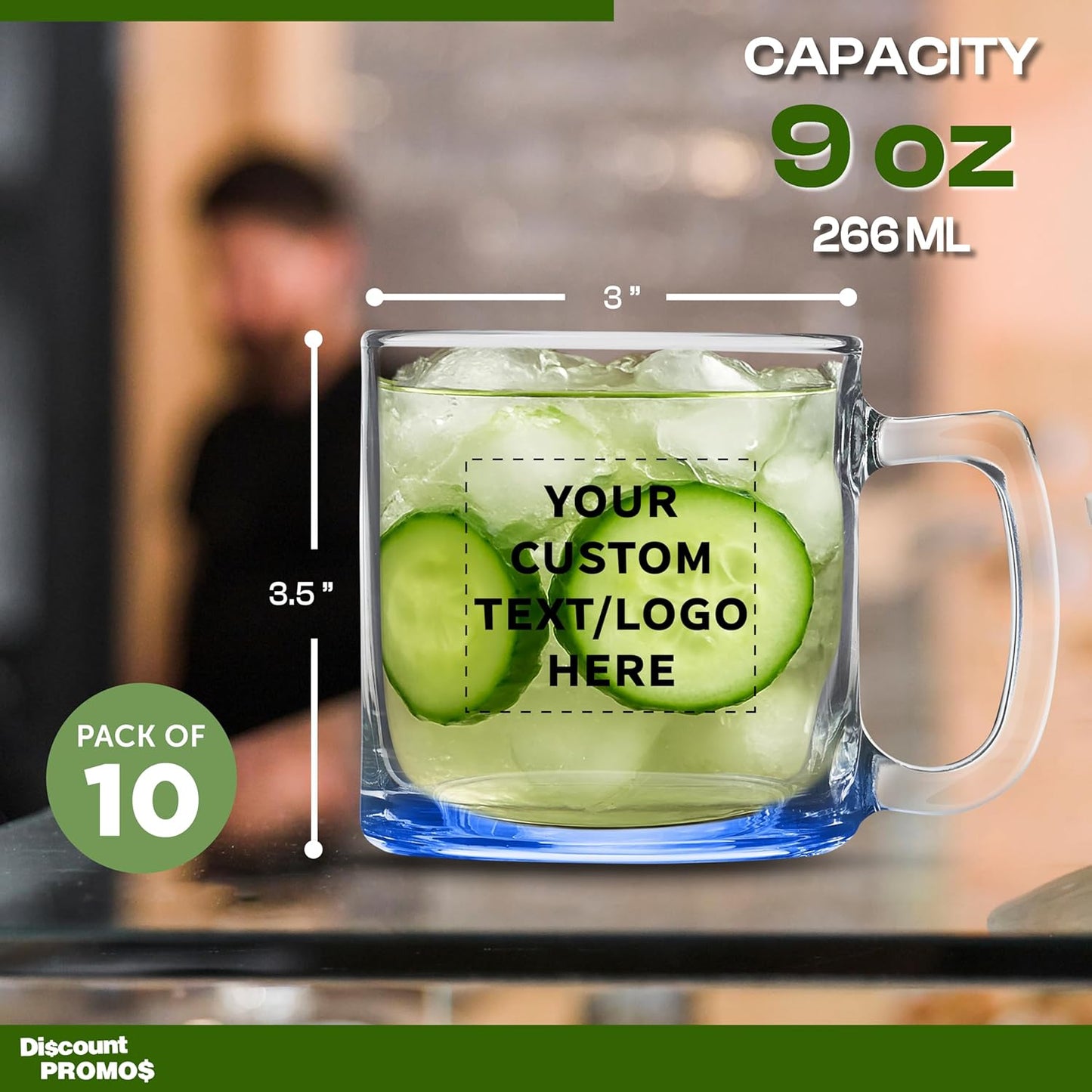 DISCOUNT PTOMOS Custom Small Glass Coffee Mugs 9 oz. Set of 10, Personalized Bulk Pack - Perfect for Coffee, Tea, Espresso, Hot Cocoa, Other Beverages - Blue