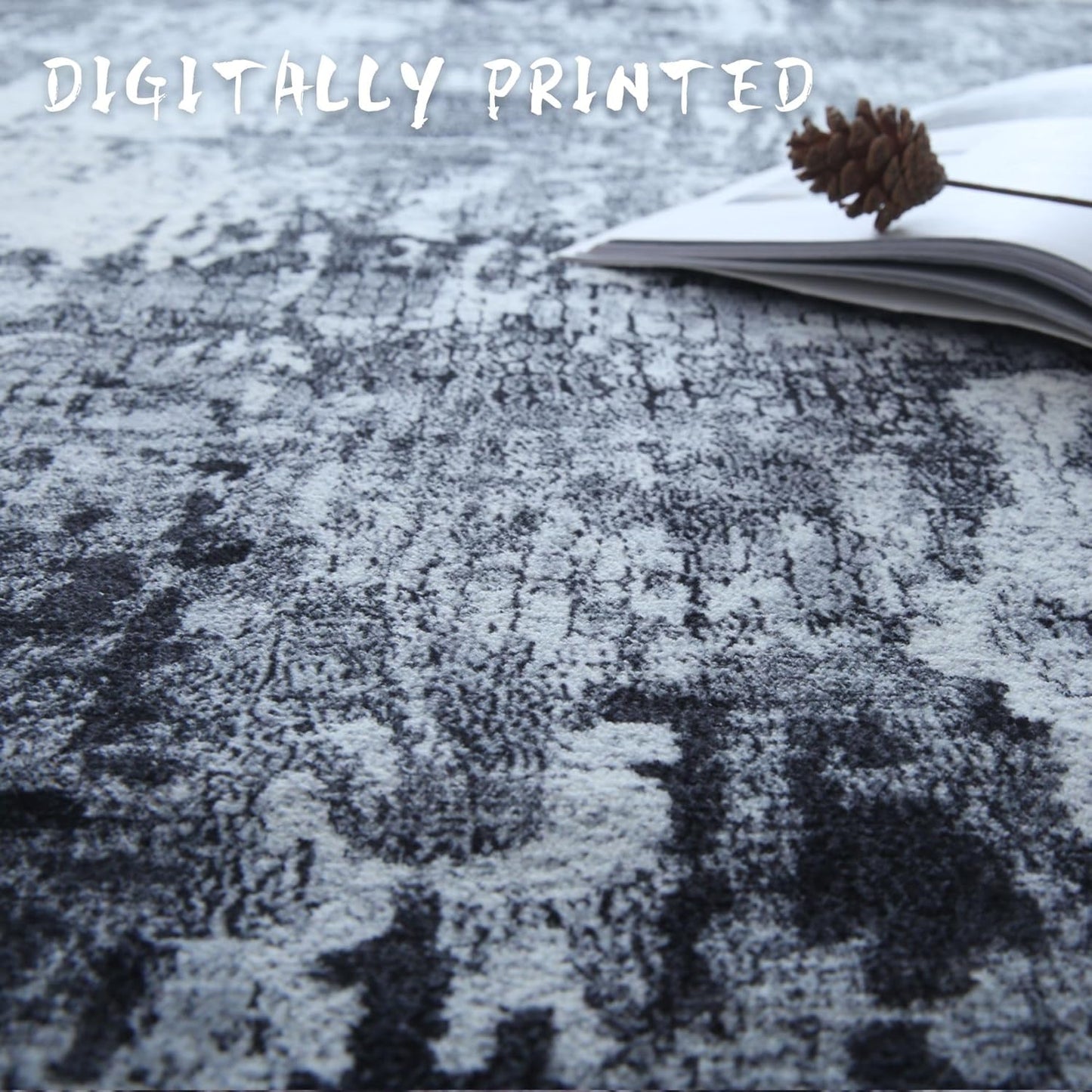 4x6 Rug Washable Boho Soft Area Rug Abstract Pattern Non-Slip Faux Wool Vintage Rug for Living Room, Bedroom Rug, Farmhouse, Dining Room, Kids Playroom, Grey and Black