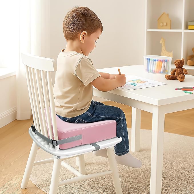 Toddler Booster Seat for Dining Table, 2 Elastic Seat Belts, Anti Scratch PU Skin-Friendly, Waterproof, Anti-Wrinkle, Detachable Non-Slip Bottom - Pink