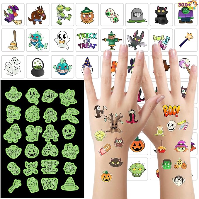 JOYIN 306 Pcs Halloween Glowing Temporary Tattoos for Kids, 42 Assorted Designs Bulk for Child Trick or Treat Game Gifts Halloween Party Favor Decorations Supplies Goodie Bags, Class Game Prizes