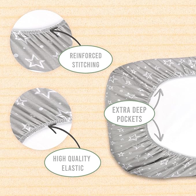 Bassinet Sheets Boy – 2-Pack Soft Fitted Bassinet Sheets, Organic Cotton, Breathable & Cozy, Fits 32x16x4 Inch Rectangle, Oval & Hourglass Mattresses (Grey)