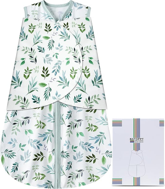 Newborn Sleep Sack Baby Swaddle,Swaddle me 3-6 Month,3-Way Adjustable Wearable Blanket,100% Rayon Cotton Swaddling Sleeping Bag，TOG 0.5 (Leaf, 3-6 Months)